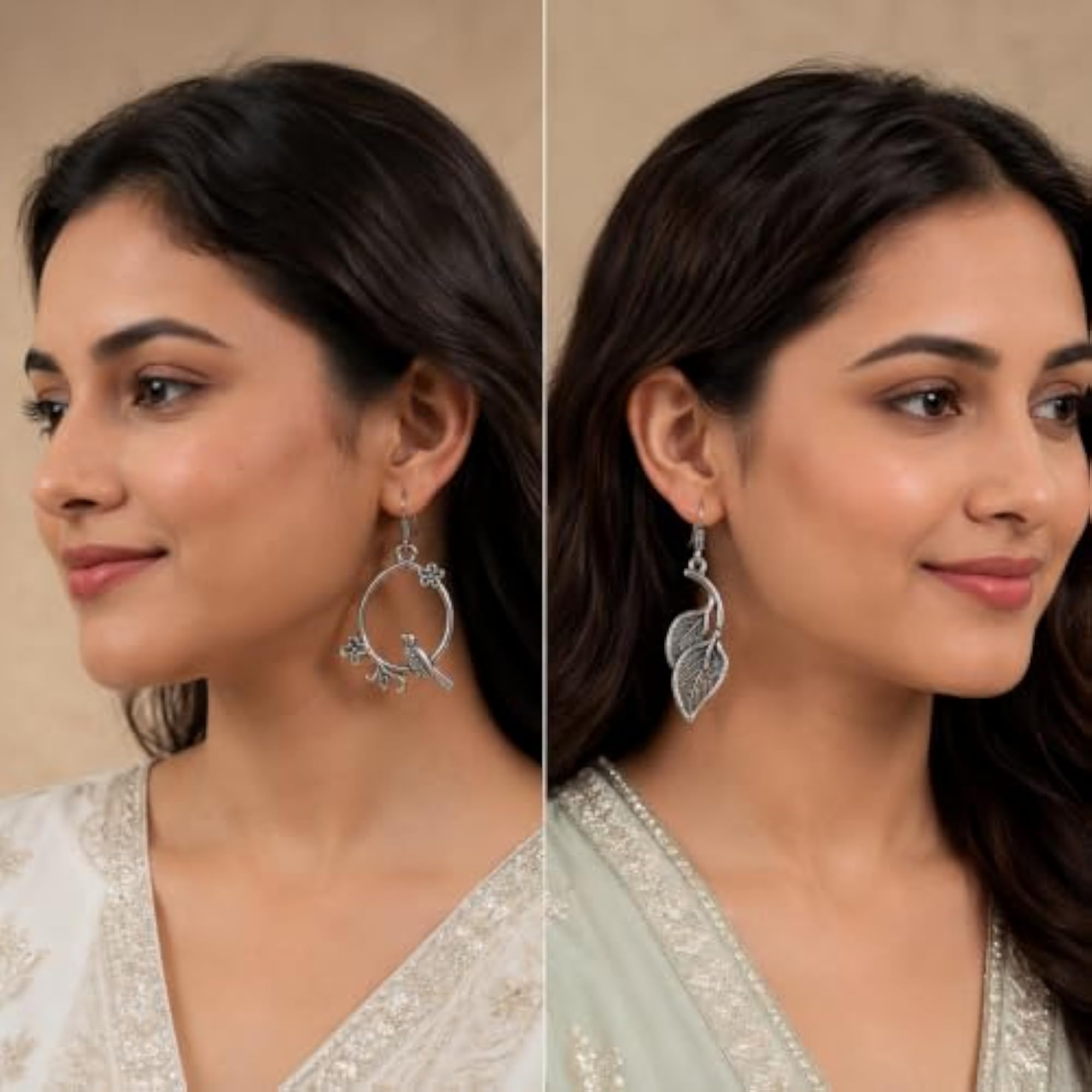 Oxidised Earrings Combo Bird & Leaf Dangle Drop